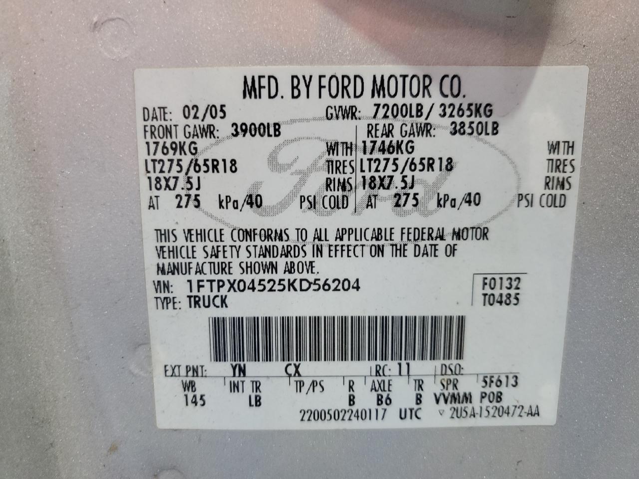 2005 Ford F150 VIN: 1FTPX04525KD56204 Lot: 53136665