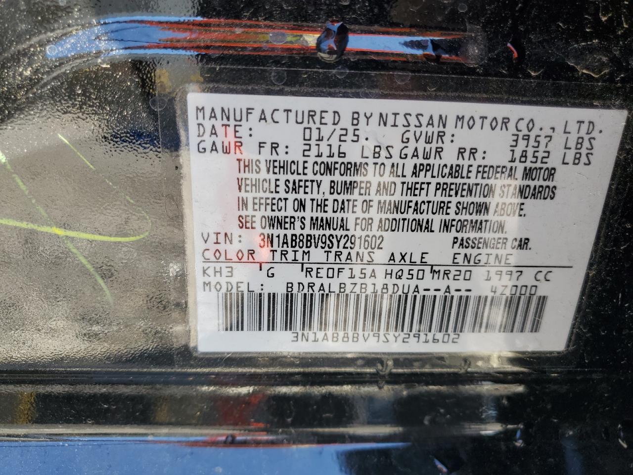 3N1AB8BV9SY291602 NISSAN SENTRA 2025