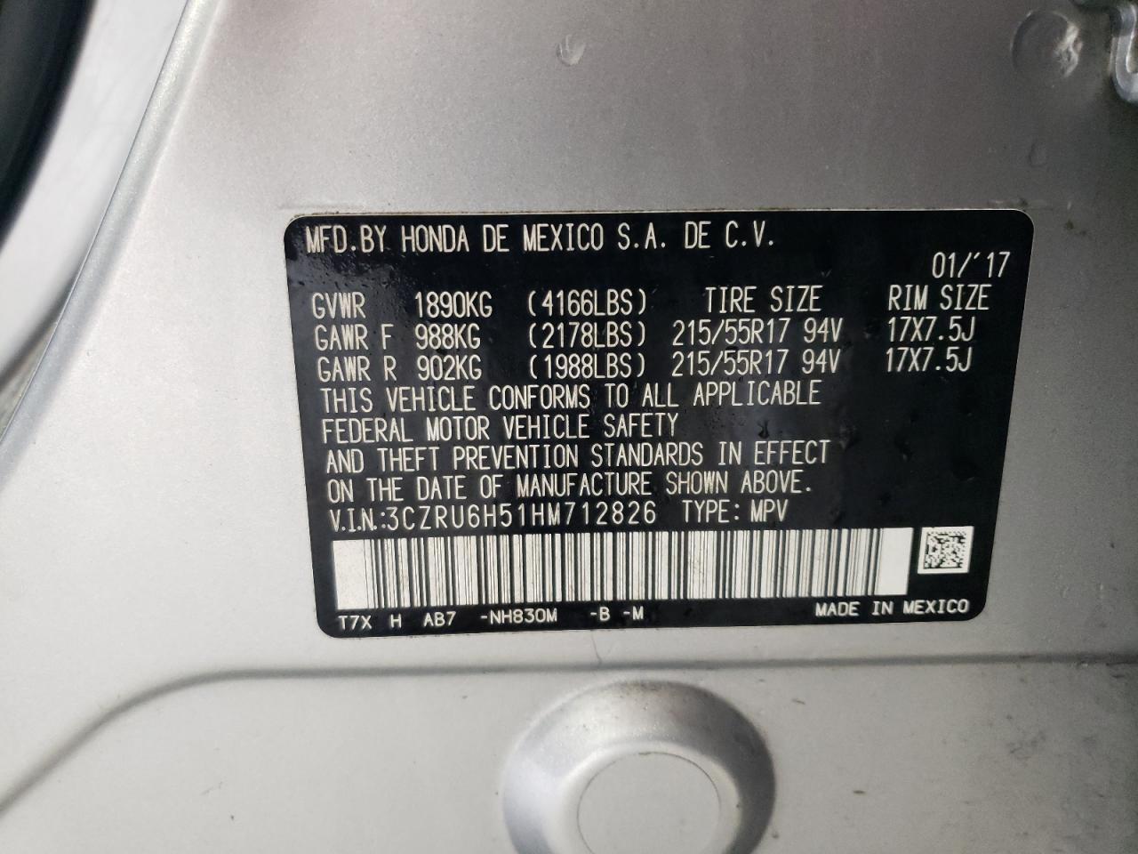 2017 Honda Hr-V Ex VIN: 3CZRU6H51HM712826 Lot: 53994615