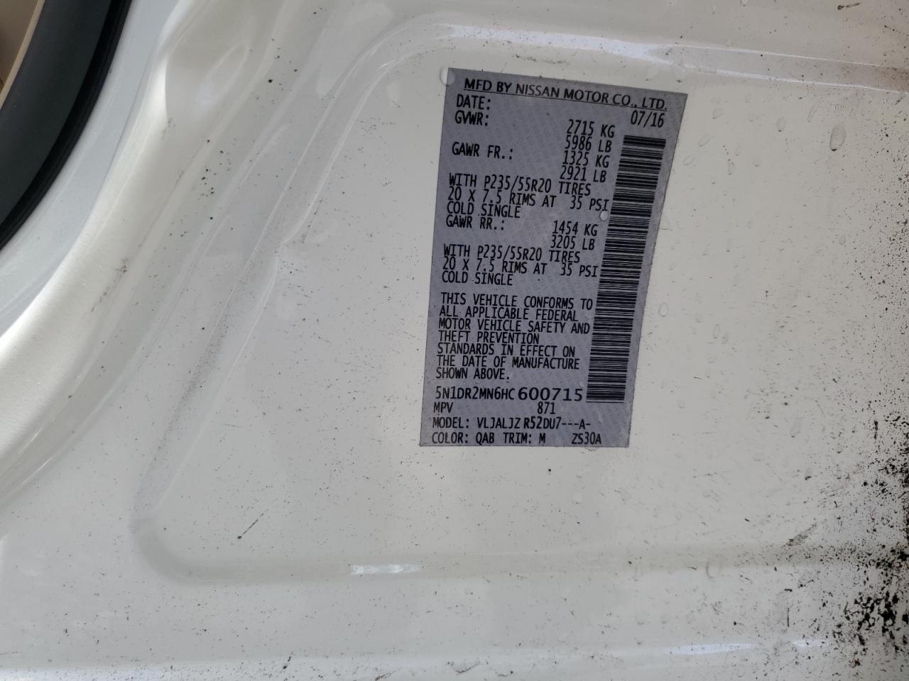 2017 Nissan Pathfinder S VIN: 5N1DR2MN6HC600715 Lot: 53942805