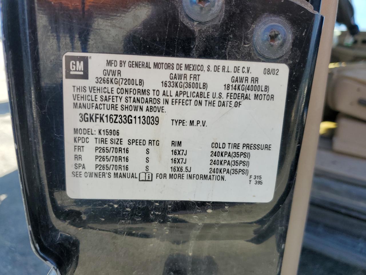 2003 GMC Yukon Xl K1500 VIN: 3GKFK16Z33G113039 Lot: 54948945