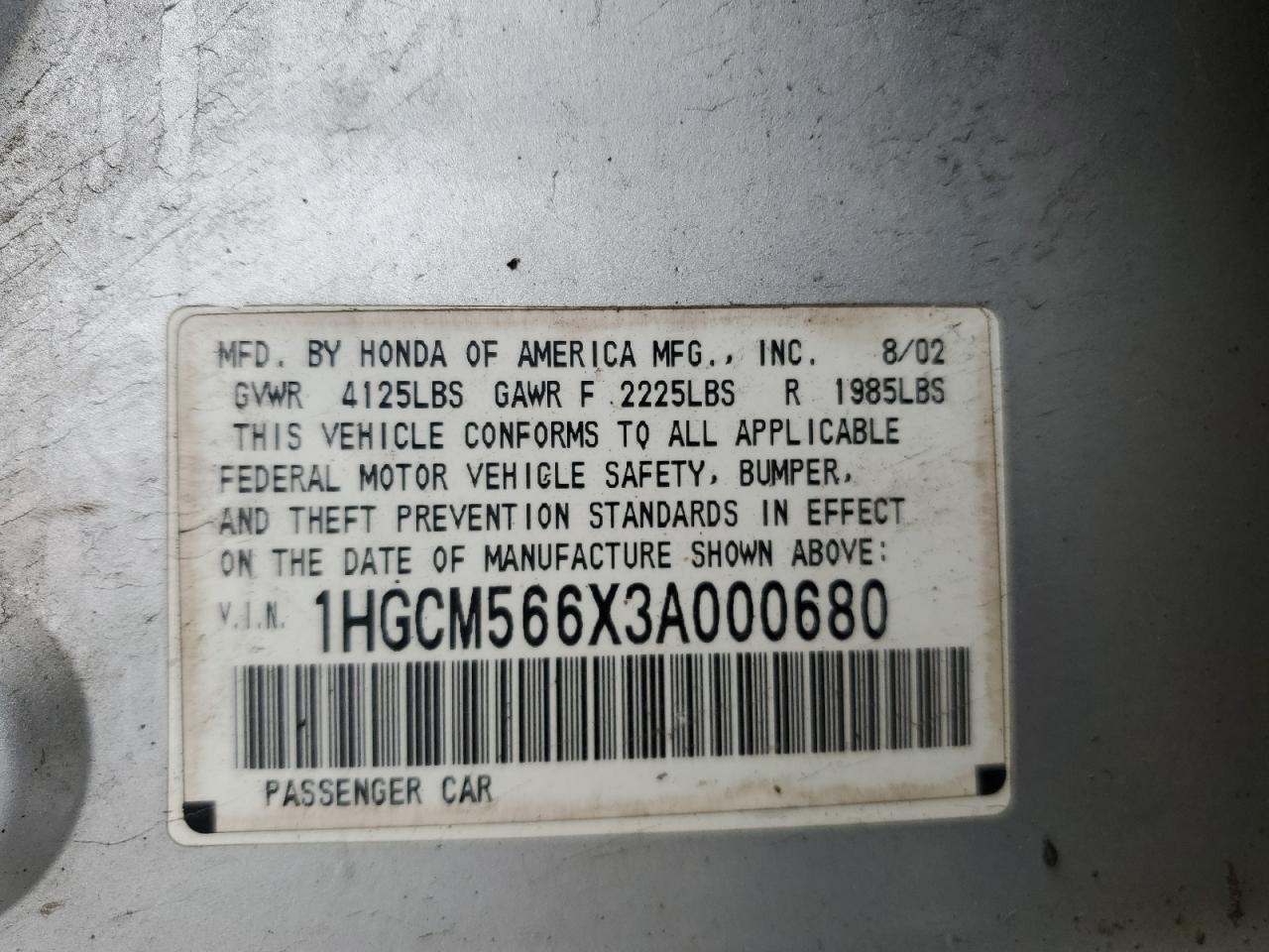 2003 Honda Accord Ex VIN: 1HGCM566X3A000068 Lot: 52051985