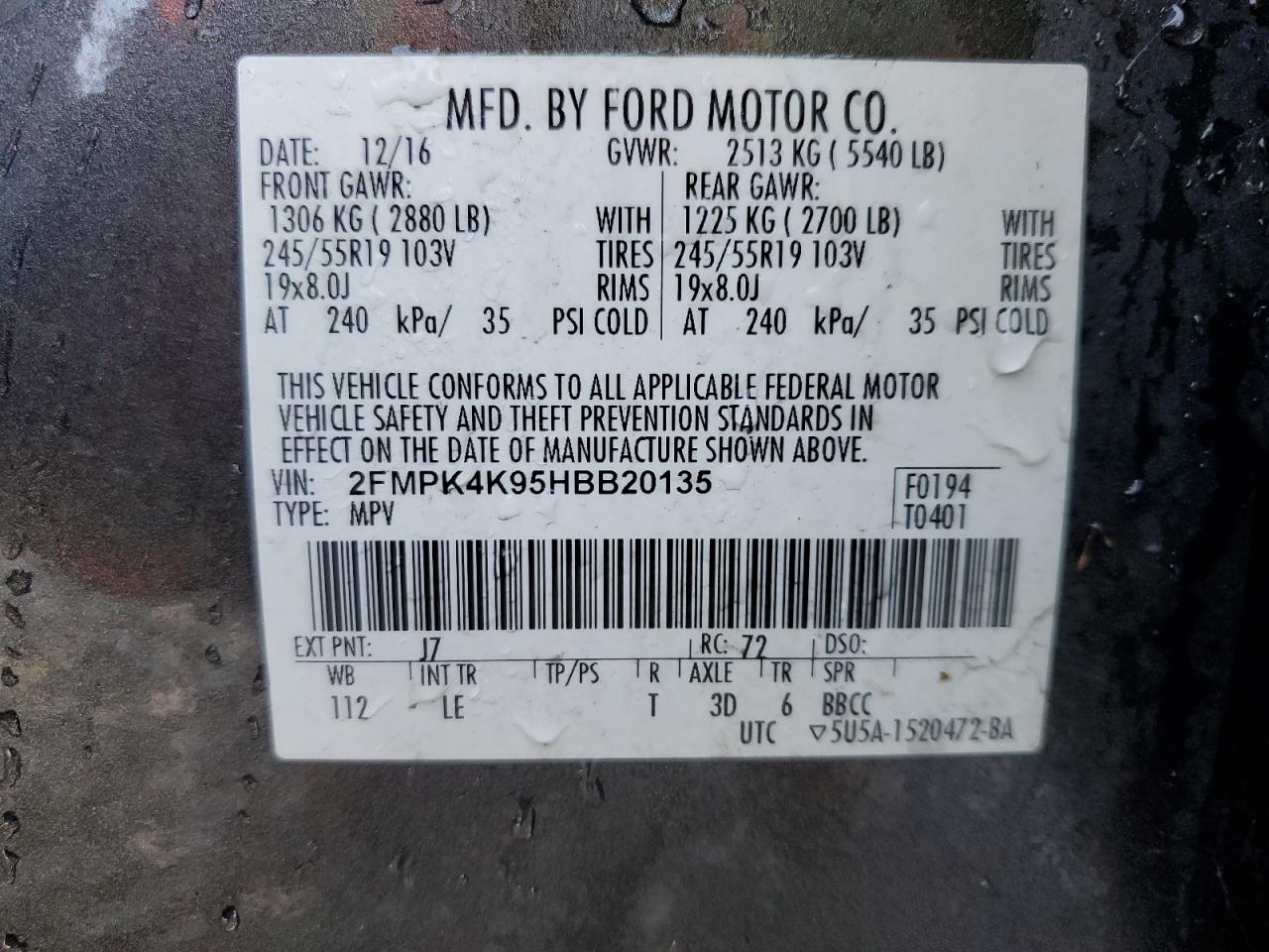 2FMPK4K95HBB20135 FORD EDGE 2017