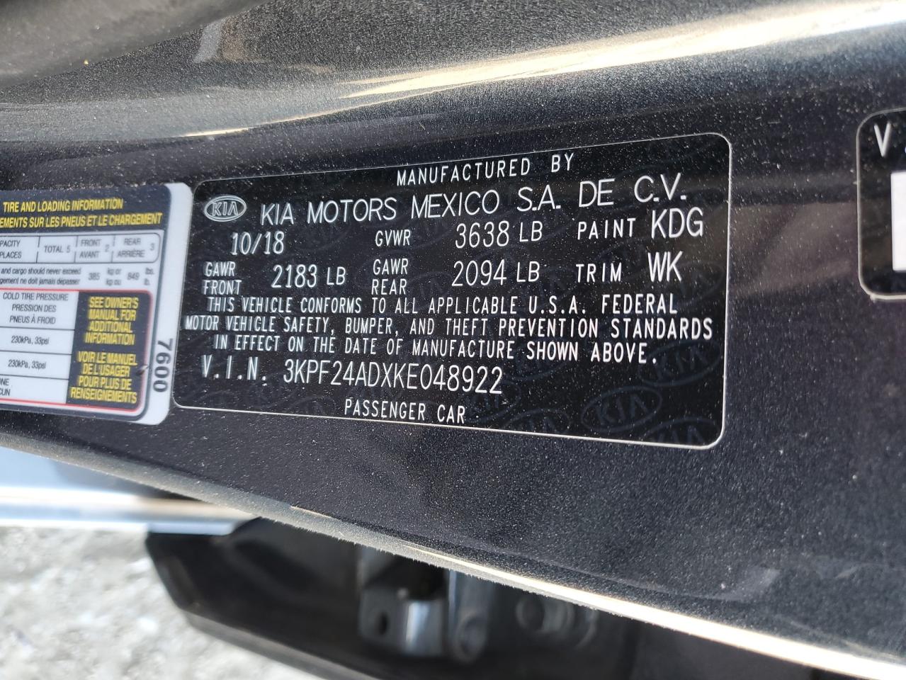 2019 Kia Forte Fe VIN: 3KPF24ADXKE048922 Lot: 54771075