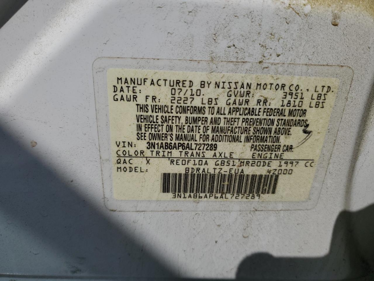 2010 Nissan Sentra 2.0 VIN: 3N1AB6AP6AL727289 Lot: 52226225