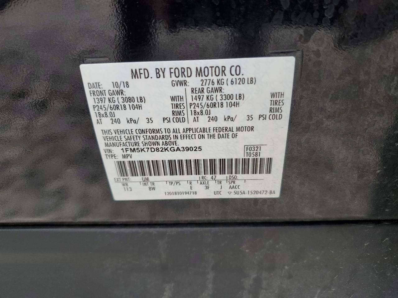 1FM5K7D82KGA39025 FORD EXPLORER 2019