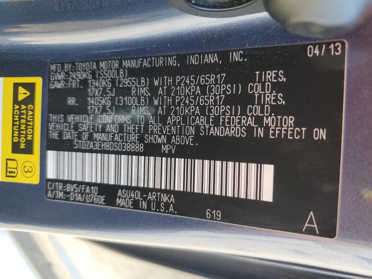 2013 Toyota Highlander Base VIN: 5TDZA3EH8DS038888 Lot: 55178475
