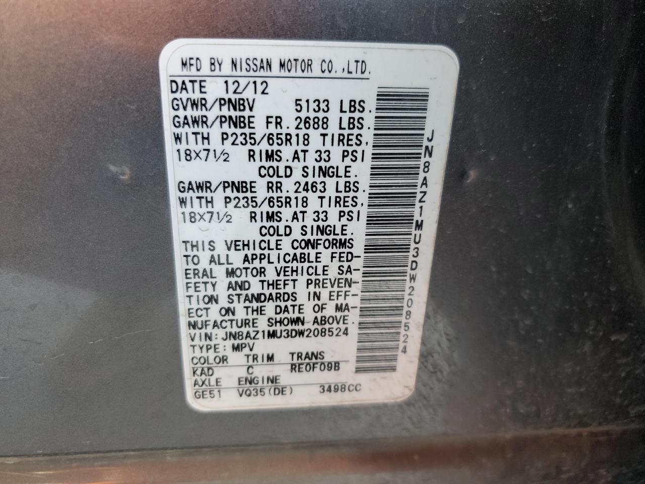 2013 Nissan Murano S VIN: JN8AZ1MU3DW208524 Lot: 52813395