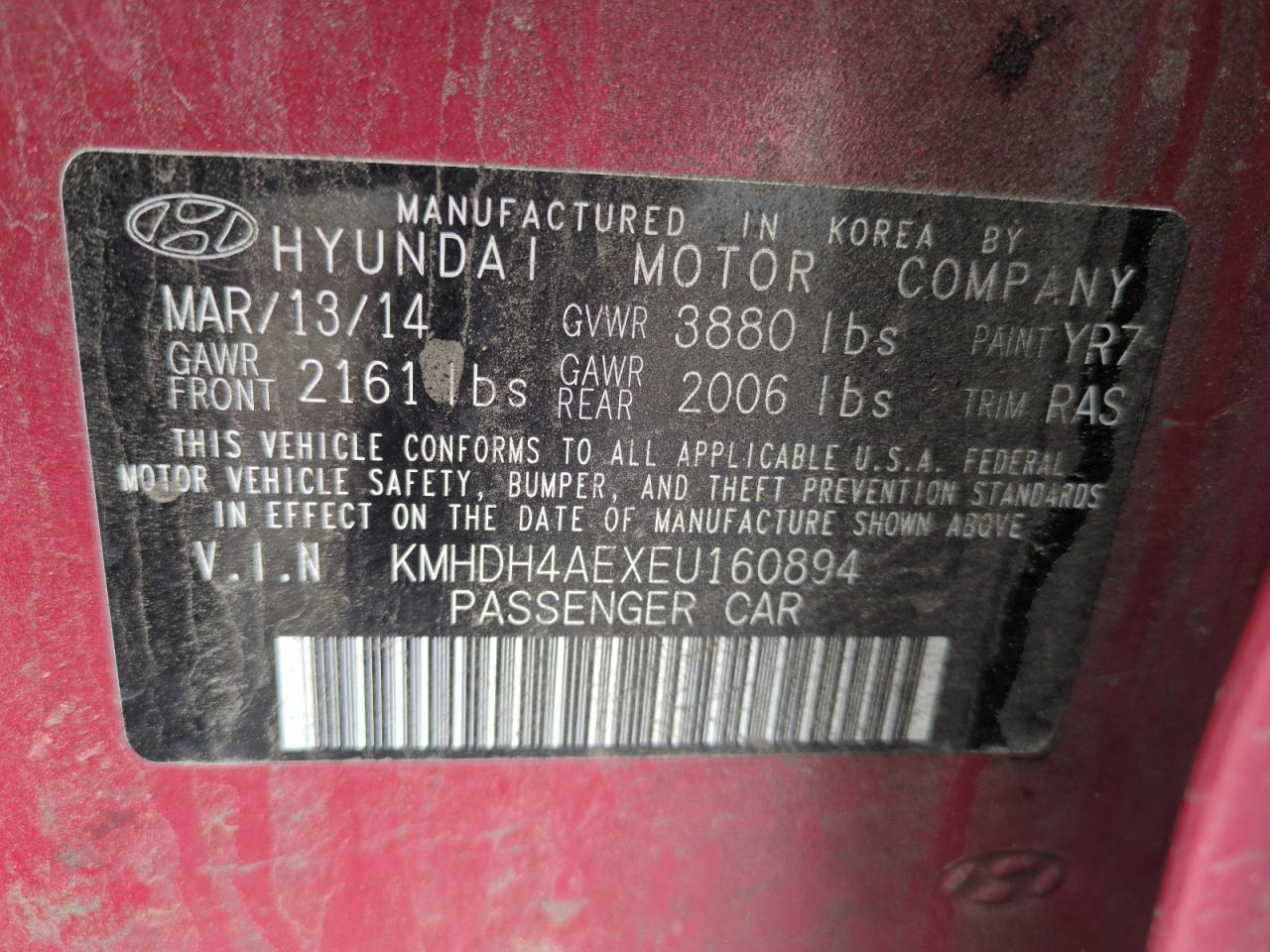 2014 Hyundai Elantra Se VIN: KMHDH4AEXEU160894 Lot: 51998425