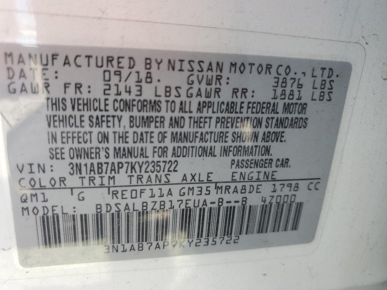 3N1AB7AP7KY235722 NISSAN SENTRA 2019