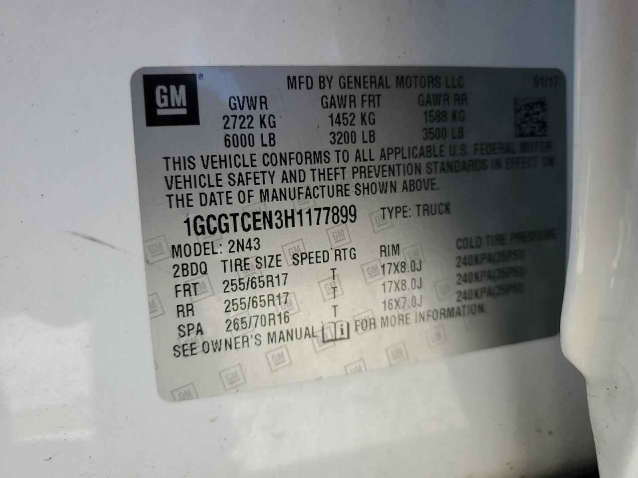 1GCGTCEN3H1177899 CHEVROLET COLORADO 2017