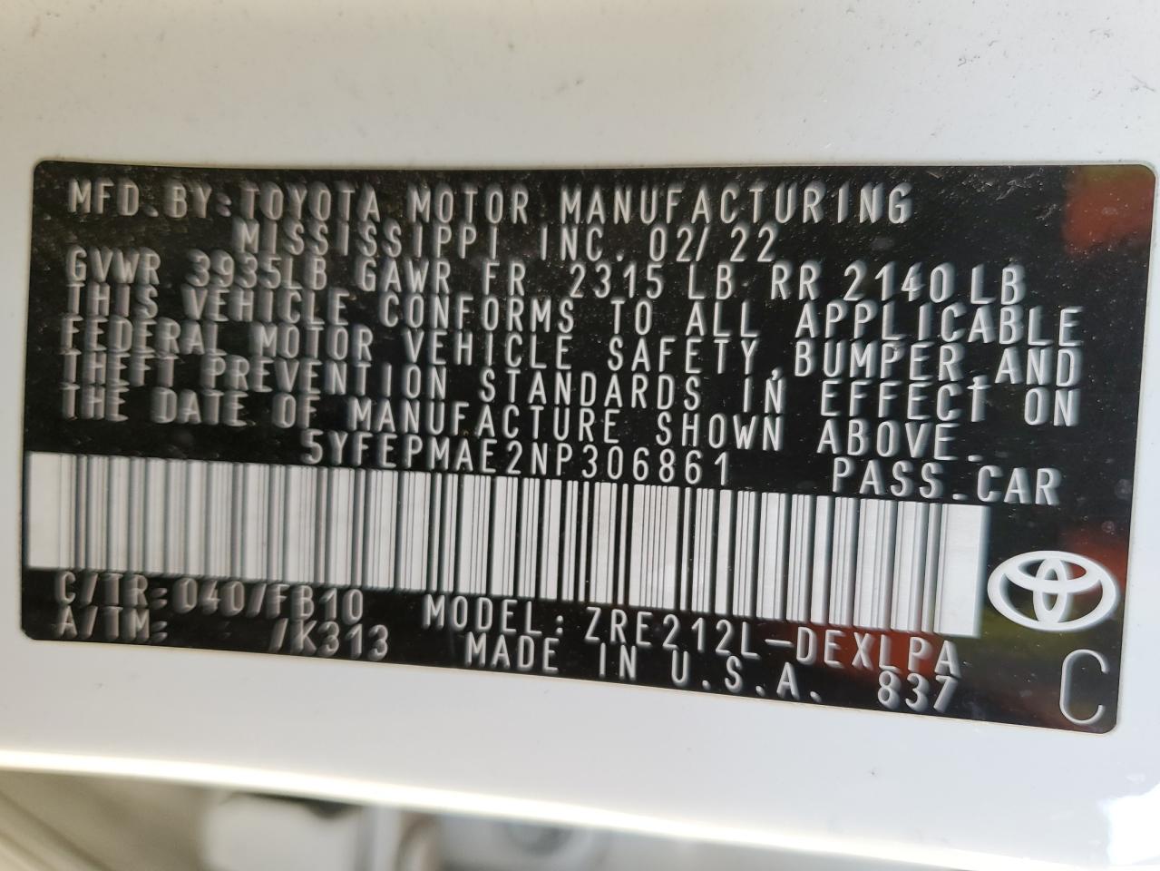 5YFEPMAE2NP306861 TOYOTA COROLLA 2022