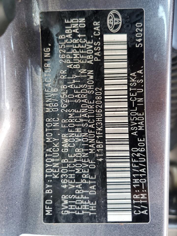 4T1BF1FK3HU620802 TOYOTA CAMRY 2017