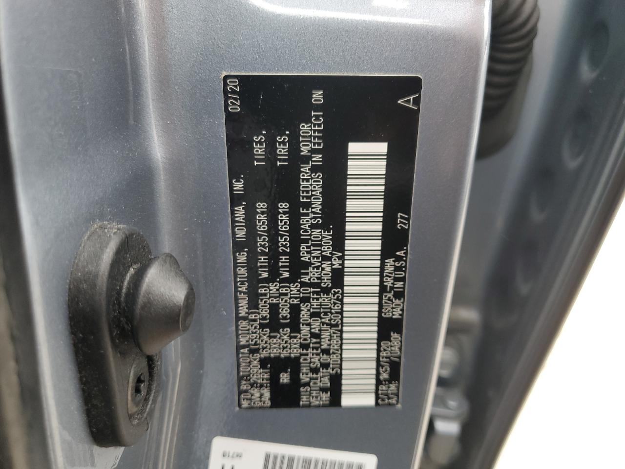 2020 Toyota Highlander L VIN: 5TDBZRBH7LS016753 Lot: 53721675