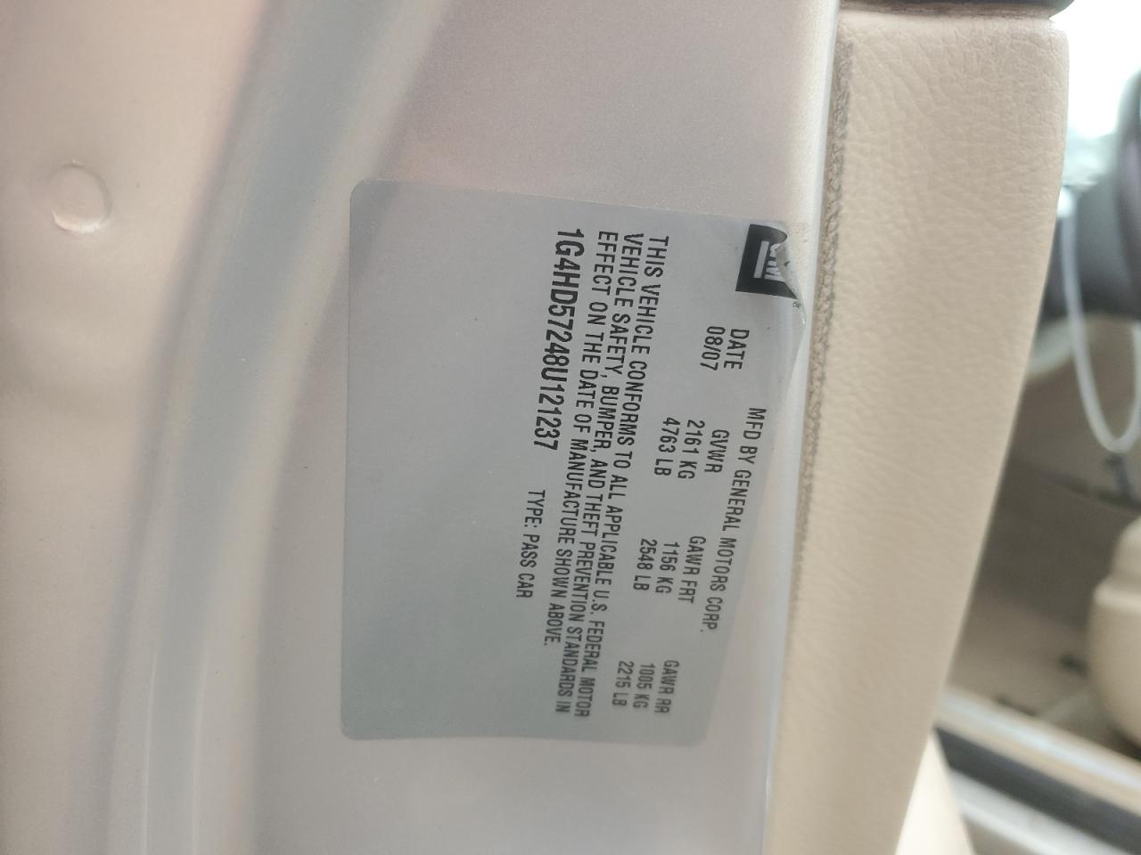 2008 Buick Lucerne Cxl VIN: 1G4HD57248U121237 Lot: 53675285