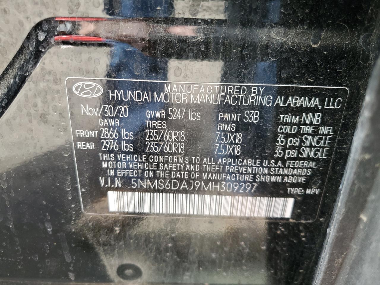 2021 Hyundai Santa Fe Sel VIN: 5NMS6DAJ9MH309297 Lot: 55181395
