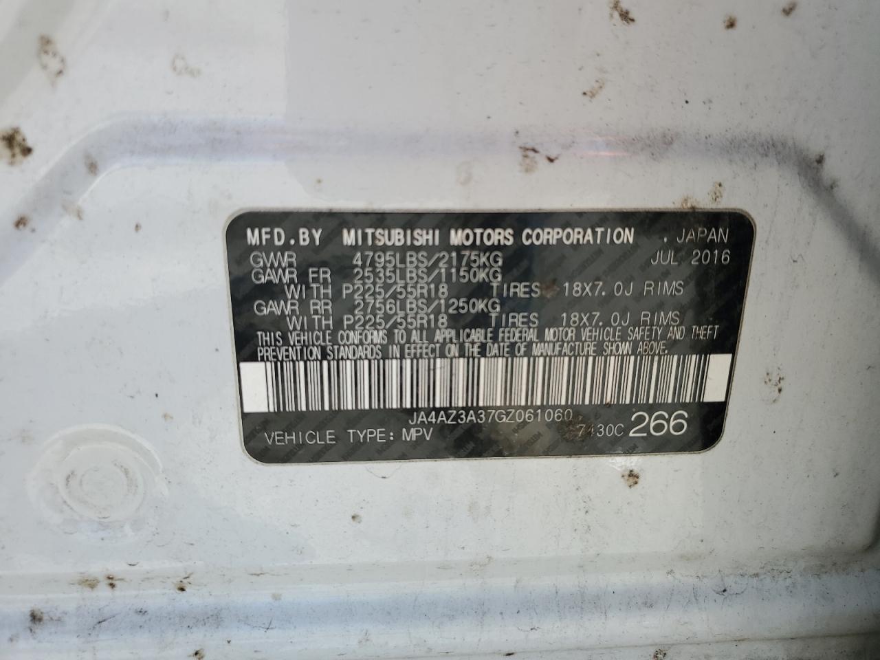 2016 Mitsubishi Outlander Se VIN: JA4AZ3A37GZ061060 Lot: 54673645