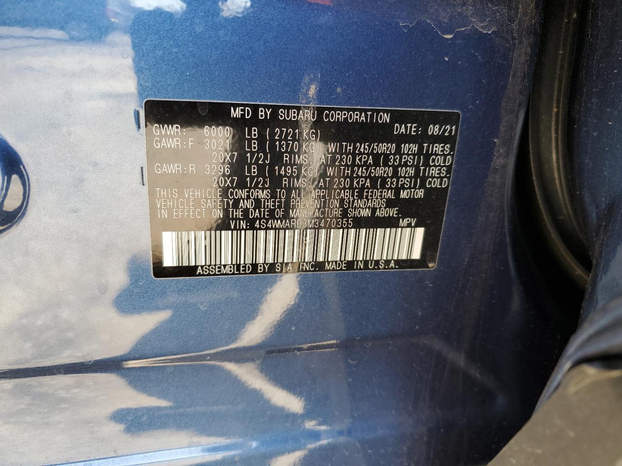 2021 Subaru Ascent Touring VIN: 4S4WMARD3M3470355 Lot: 51347105