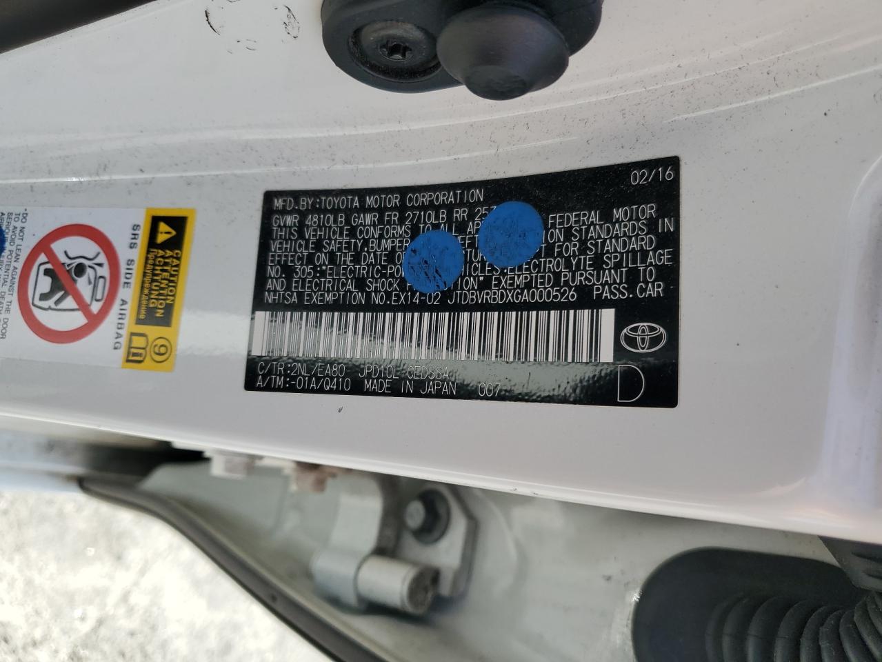 2016 Toyota Mirai VIN: JTDBVRBDXGA000526 Lot: 47405395