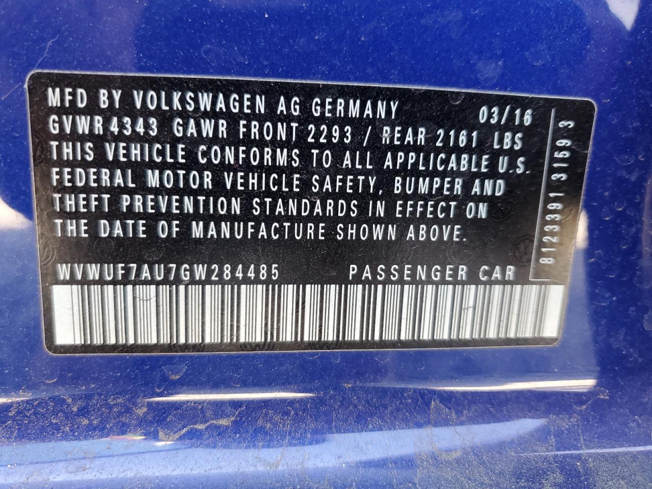 2016 Volkswagen Golf R VIN: WVWUF7AU7GW284485 Lot: 54009055