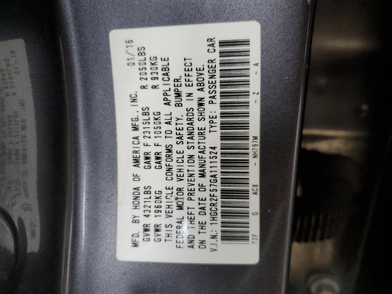 1HGCR2F57GA111524 HONDA ACCORD 2016
