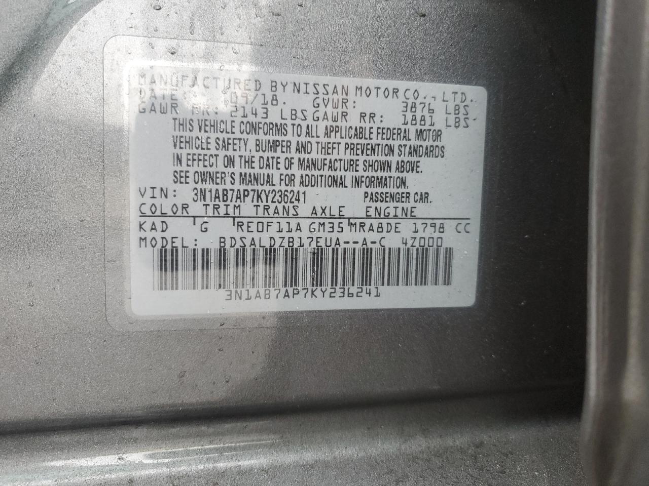 3N1AB7AP7KY236241 NISSAN SENTRA 2019