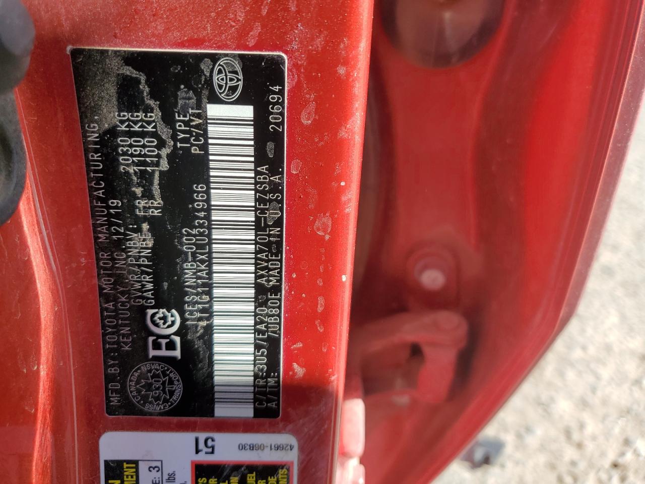 4T1G11AKXLU334966 TOYOTA CAMRY 2020