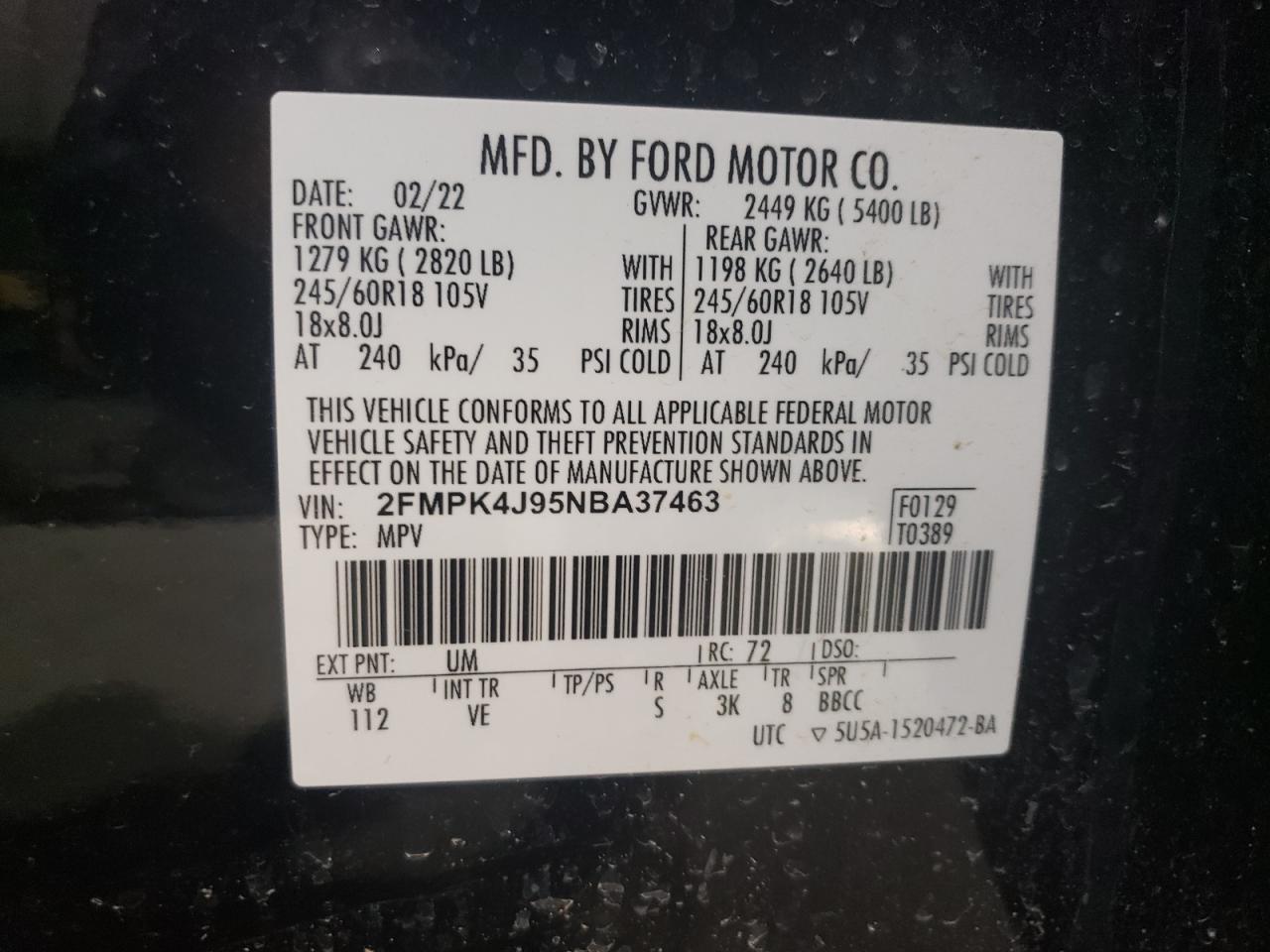 2FMPK4J95NBA37463 FORD EDGE 2022