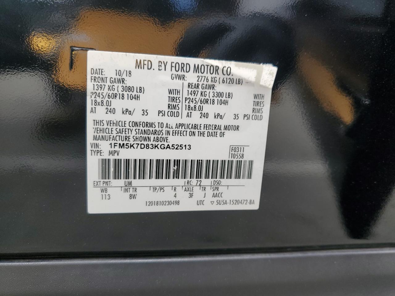 1FM5K7D83KGA52513 FORD EXPLORER 2019