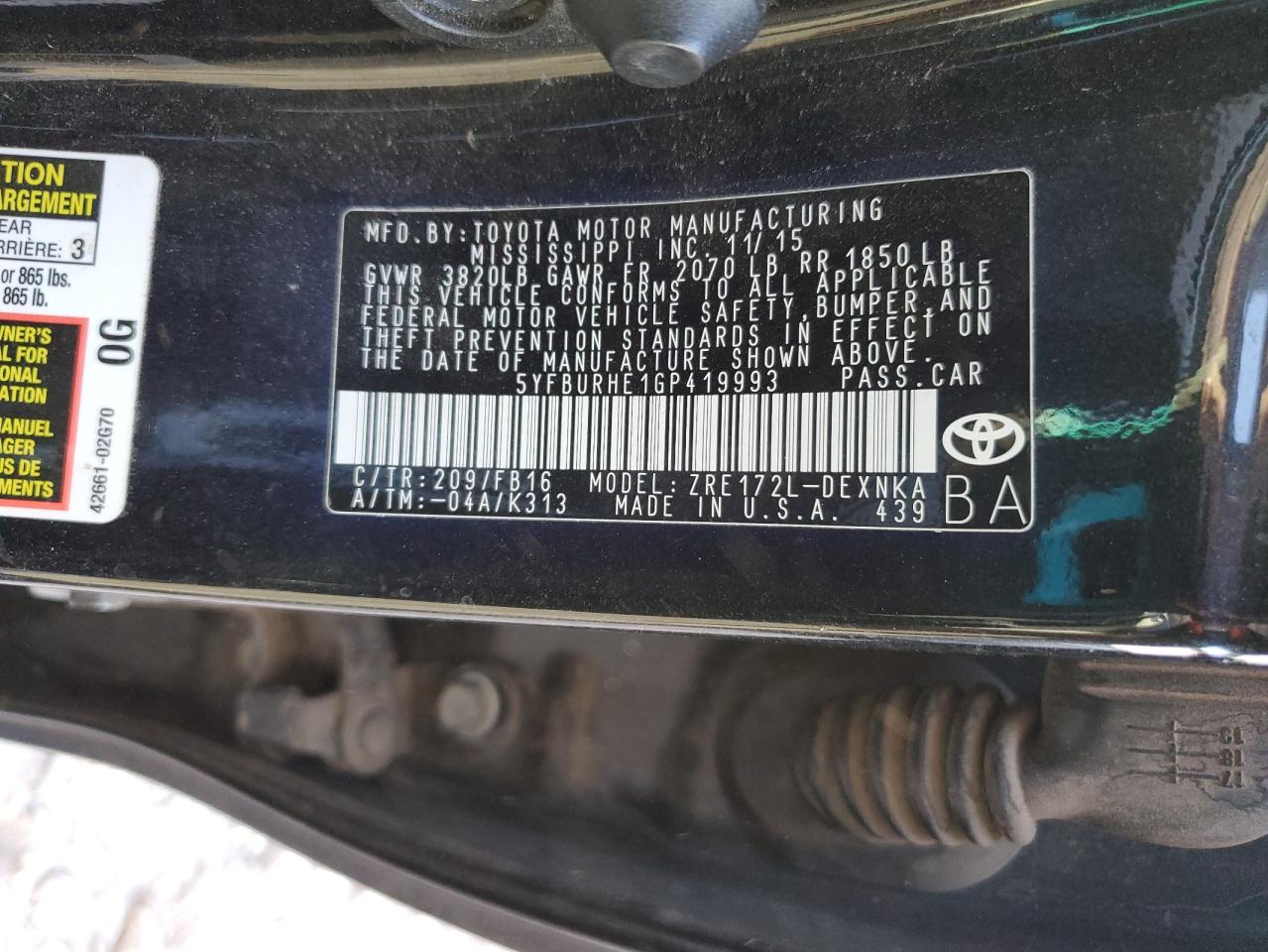 2016 Toyota Corolla L VIN: 5YFBURHE1GP419993 Lot: 55124465