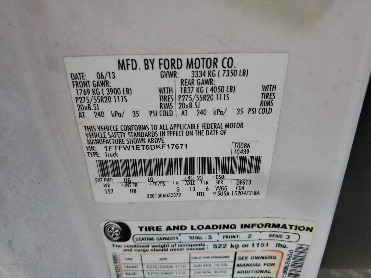 2013 Ford F150 Supercrew VIN: 1FTFW1ET6DKF17671 Lot: 54185695