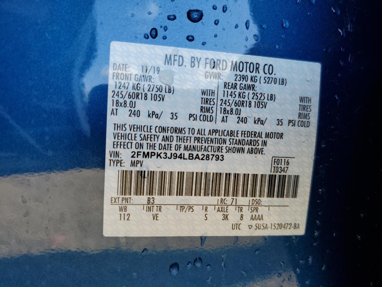 2020 Ford Edge Sel VIN: 2FMPK3J94LBA28793 Lot: 55090655