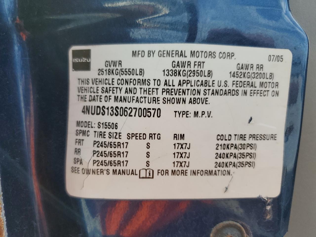2006 Isuzu Ascender S VIN: 4NUDS13S062700570 Lot: 54920305