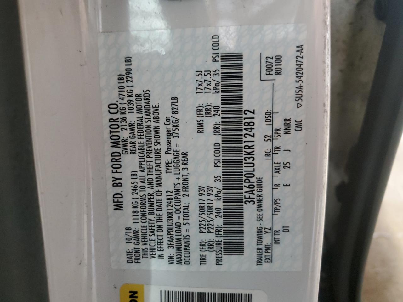 2019 Ford Fusion Se VIN: 3FA6P0LU3KR124812 Lot: 54026605