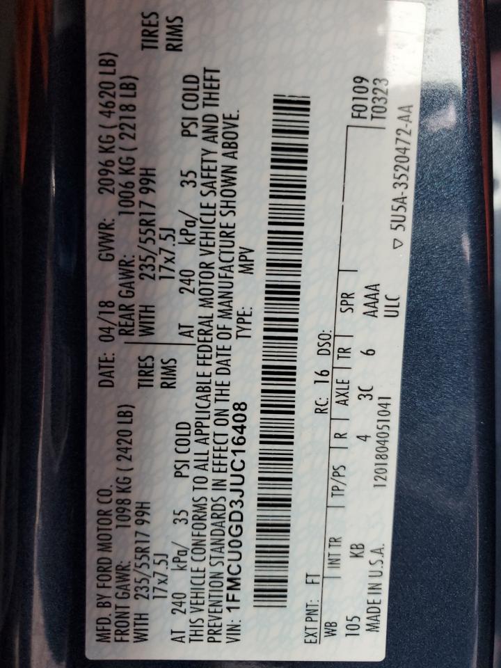 1FMCU0GD3JUC16408 FORD ESCAPE 2018