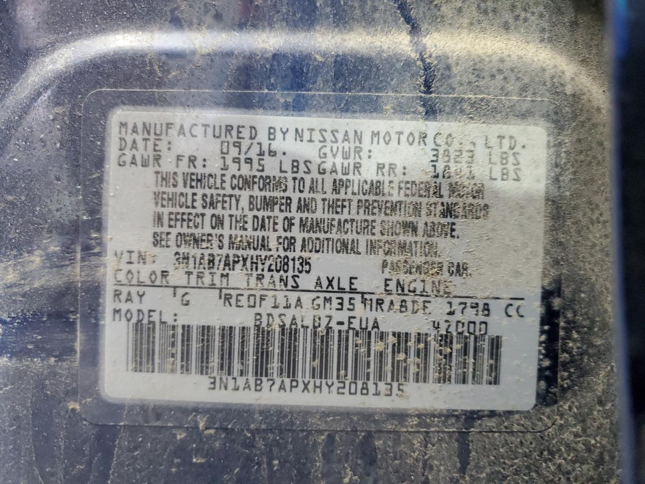 3N1AB7APXHY208135 NISSAN SENTRA 2017