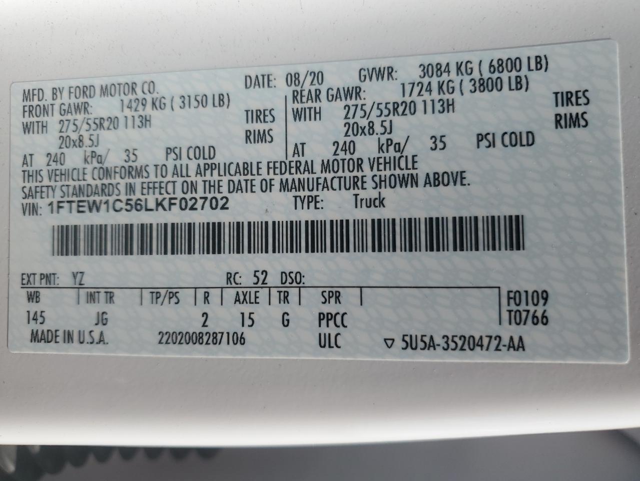 1FTEW1C56LKF02702 FORD F-150 2020