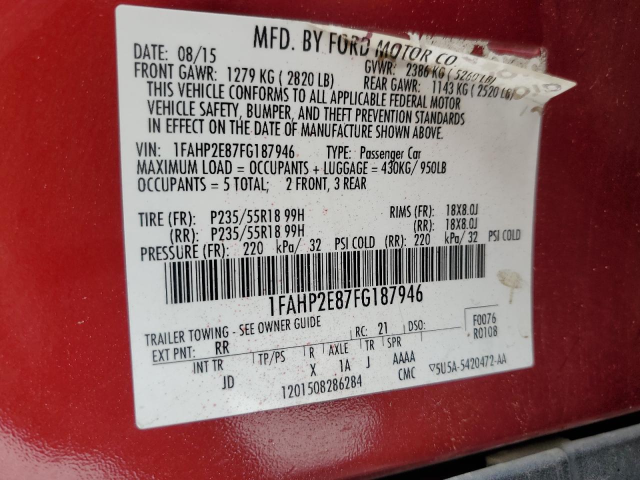 2015 Ford Taurus Sel VIN: 1FAHP2E87FG187946 Lot: 53481575