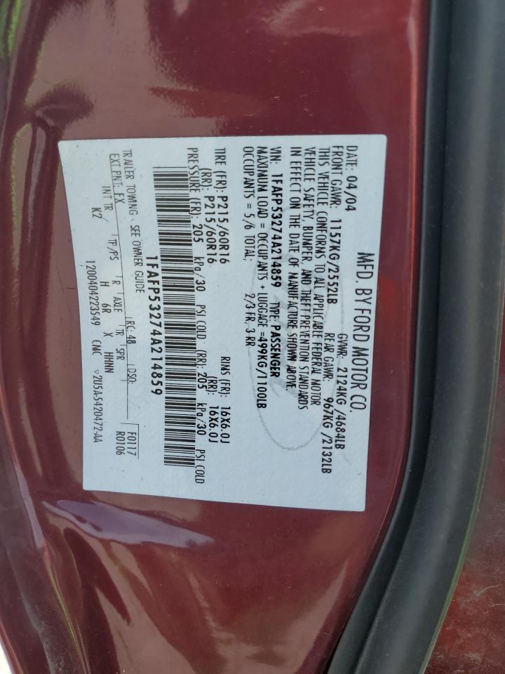 2004 Ford Taurus Se VIN: 1FAFP53274A214859 Lot: 53638745