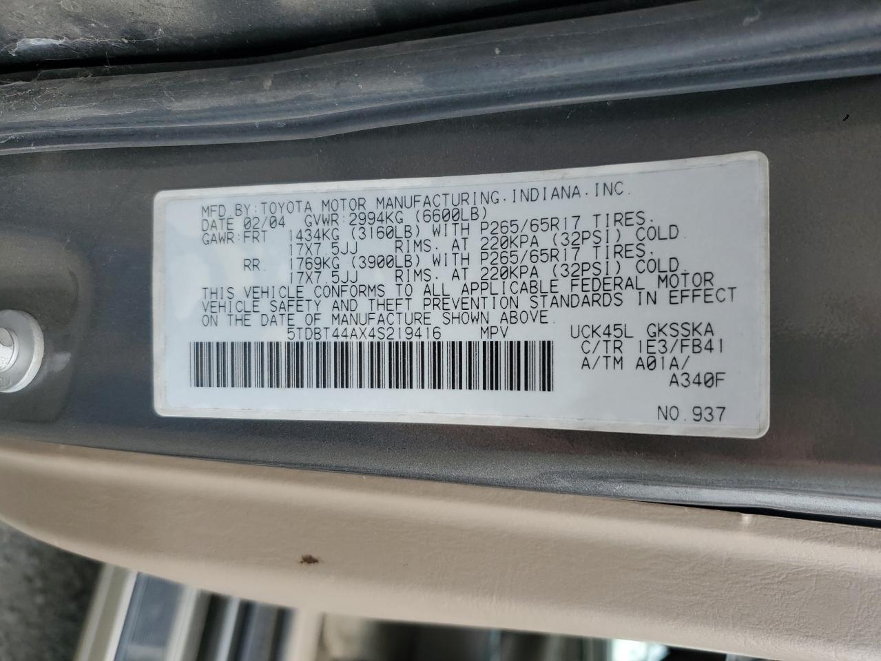2004 Toyota Sequoia Sr5 VIN: 5TDBT44AX4S219416 Lot: 54585565