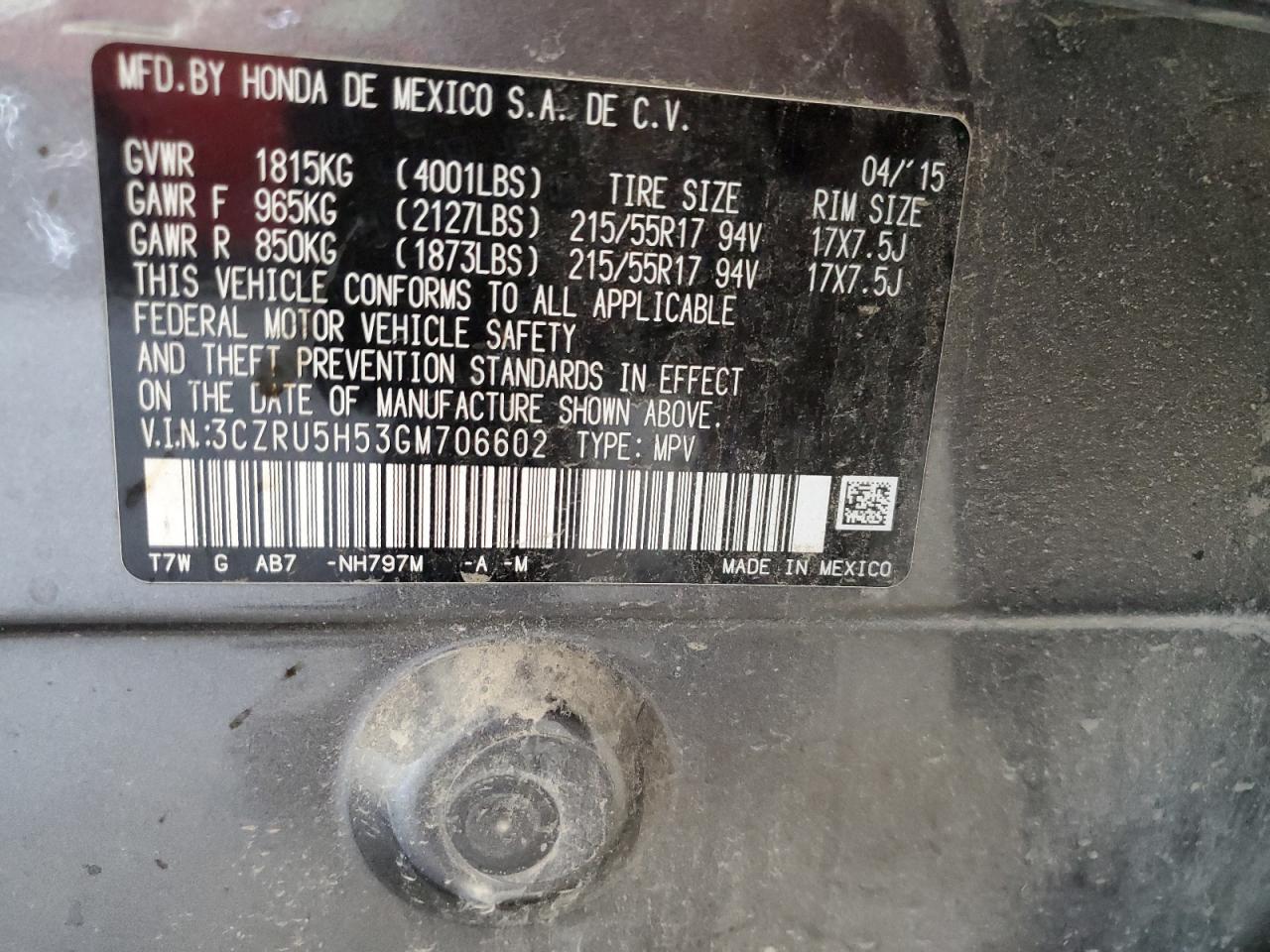 3CZRU5H53GM706602 HONDA HR-V 2016