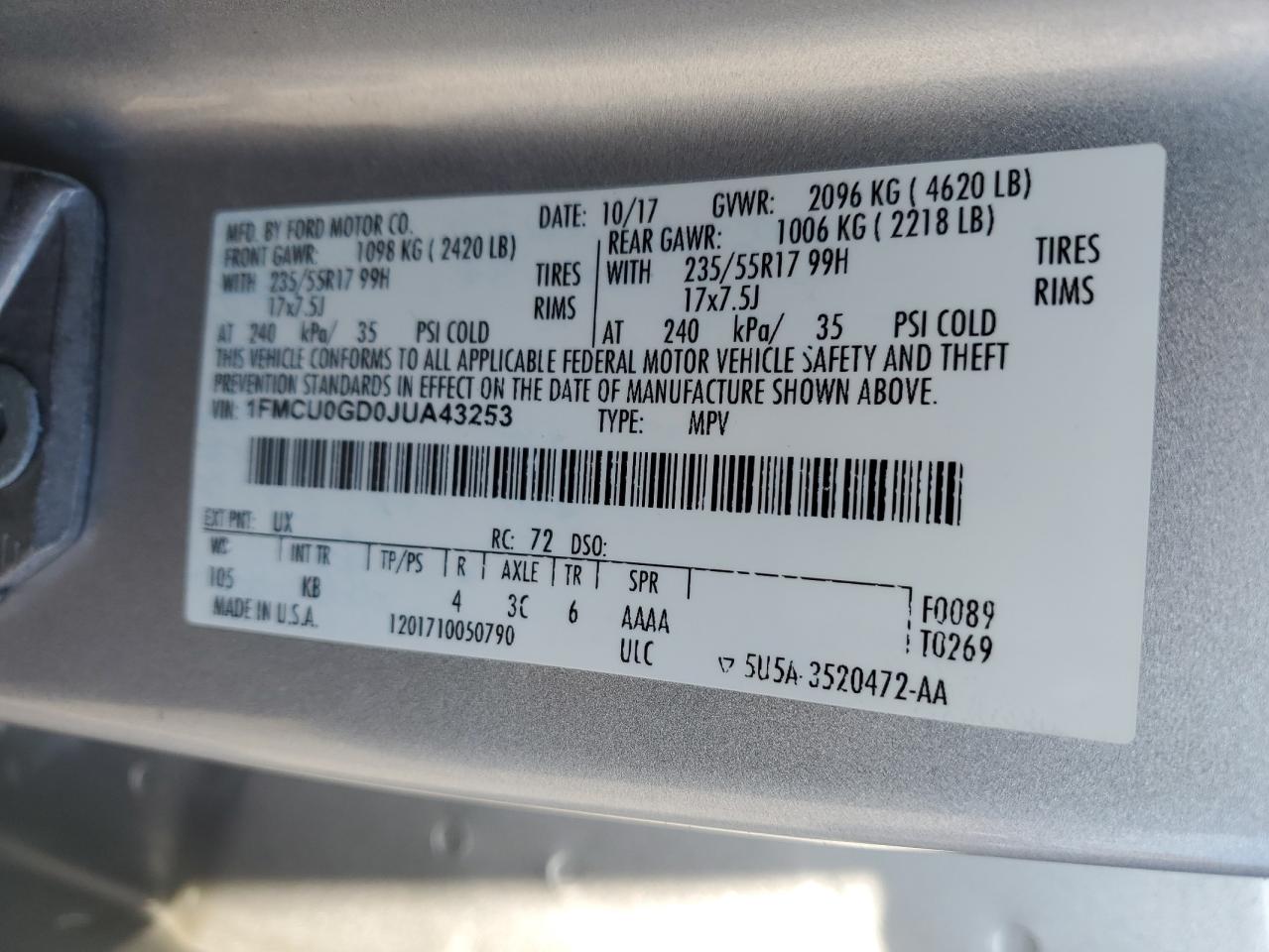 1FMCU0GD0JUA43253 FORD ESCAPE 2018