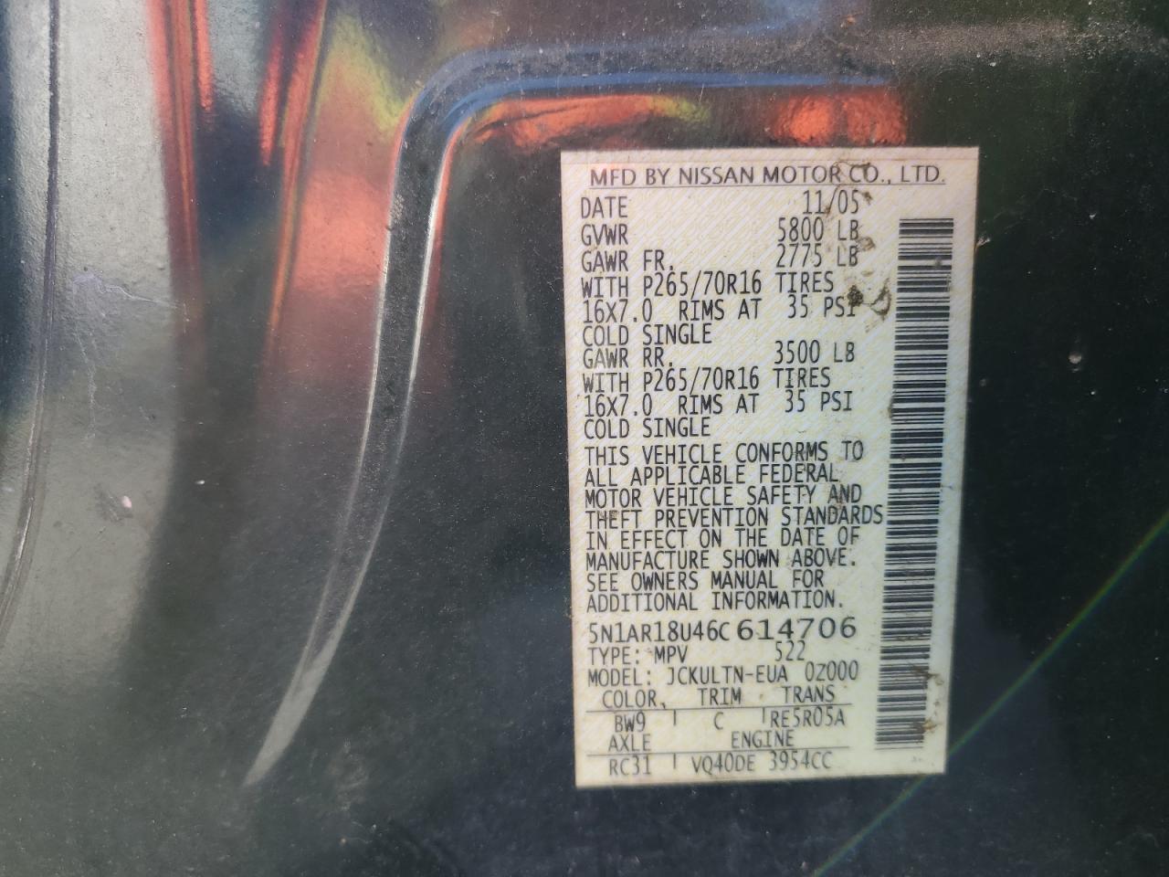 2006 Nissan Pathfinder Le VIN: 5N1AR18U46C614706 Lot: 54575085