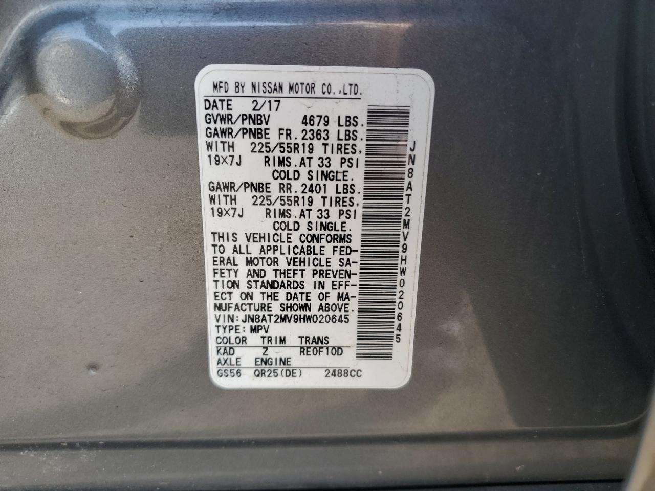 JN8AT2MV9HW020645 NISSAN ROGUE 2017