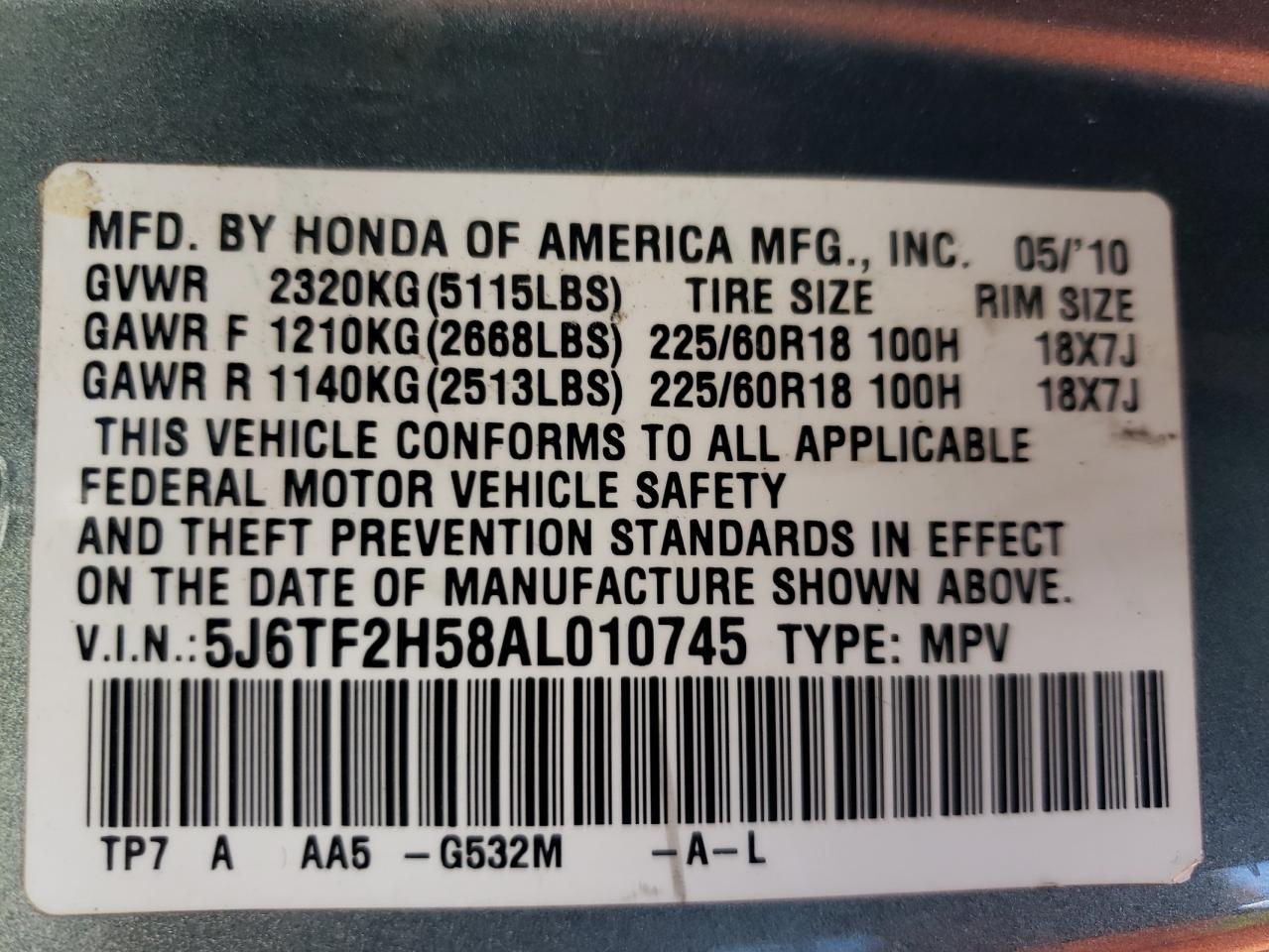 2010 Honda Accord Crosstour Exl VIN: 5J6TF2H58AL010745 Lot: 53741885