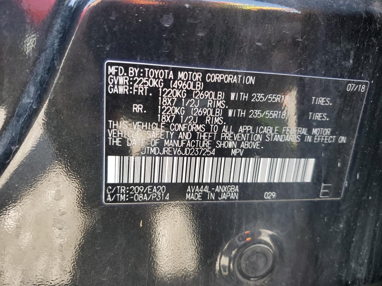 JTMDJREV6JD237254 TOYOTA RAV4 2018