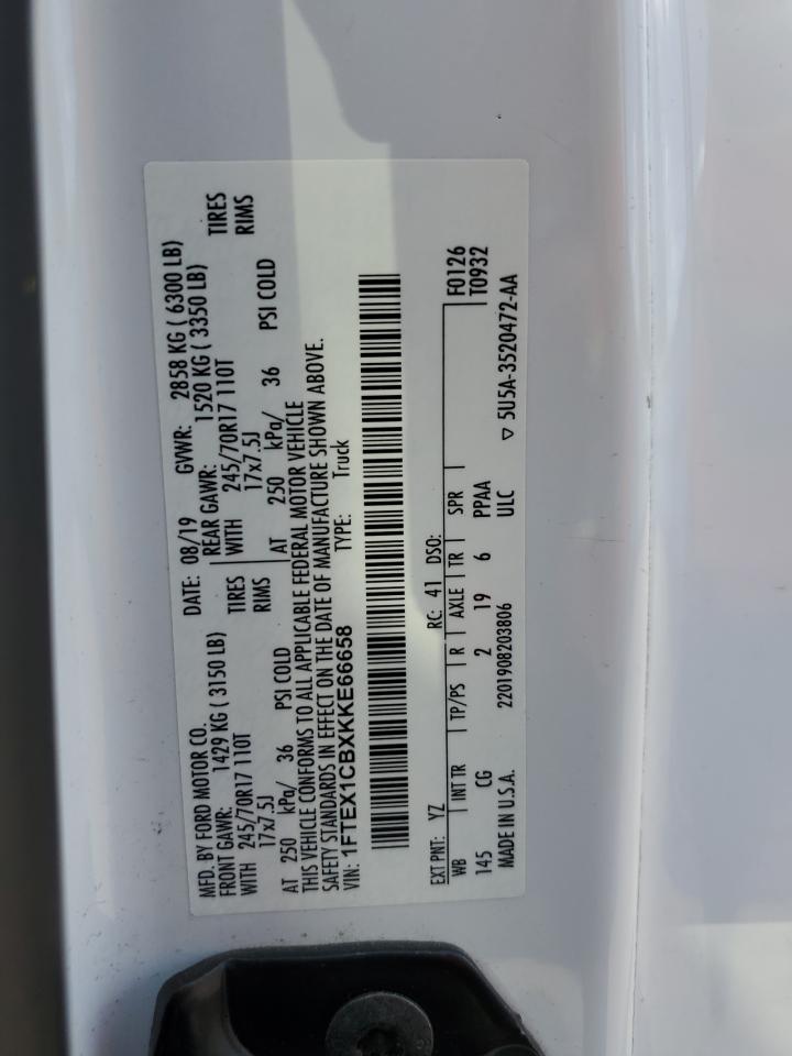 2019 Ford F150 Super Cab VIN: 1FTEX1CBXKKE66658 Lot: 52675145