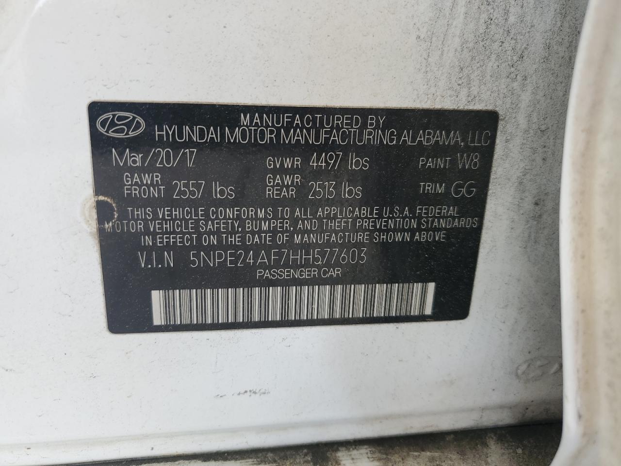 2017 Hyundai Sonata Se VIN: 5NPE24AF7HH577603 Lot: 66509075