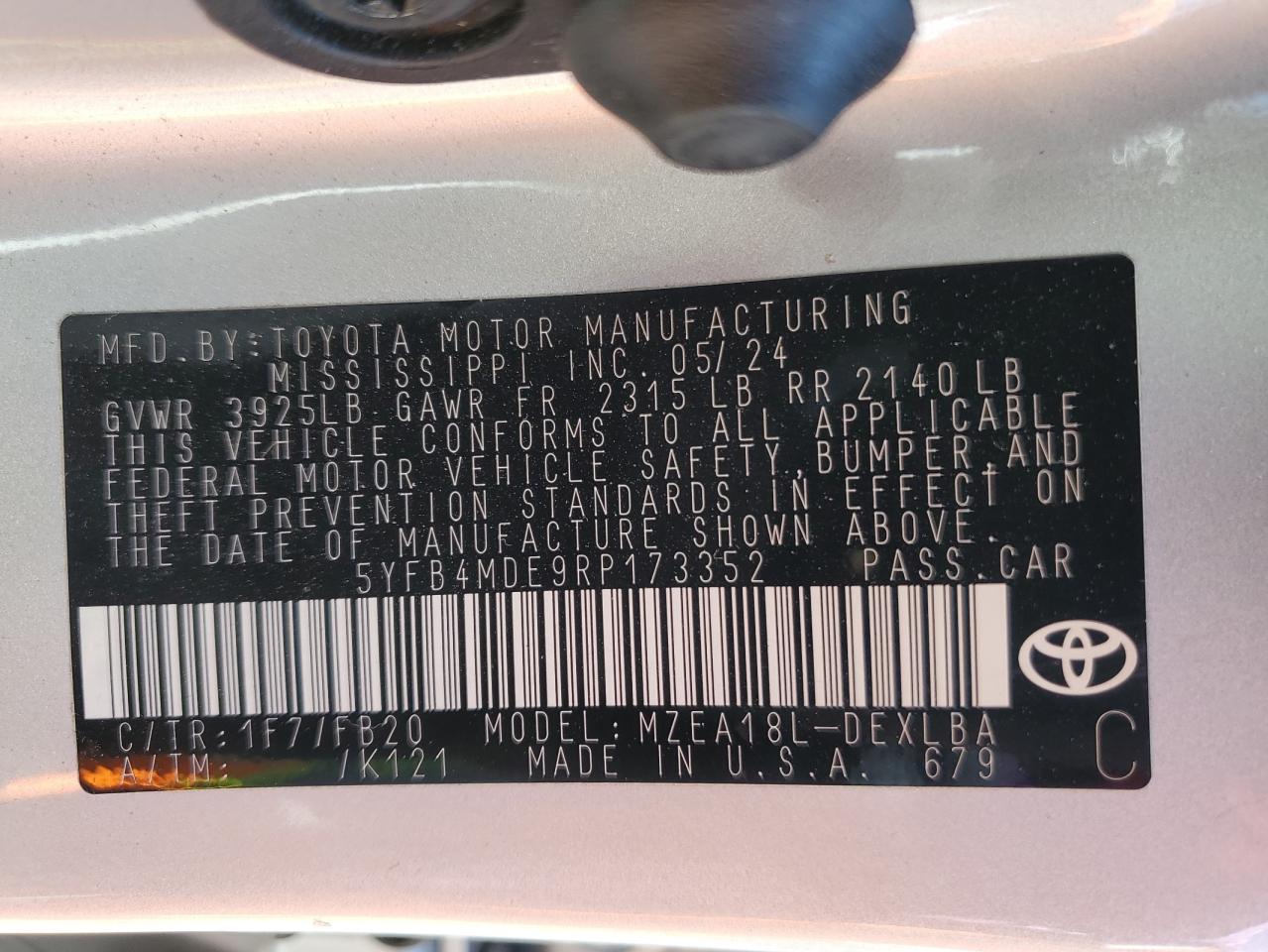 2024 Toyota Corolla Le VIN: 5YFB4MDE9RP173352 Lot: 52737575