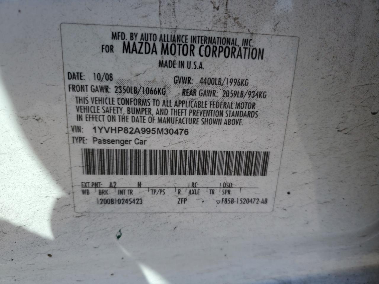 2009 Mazda 6 I VIN: 1YVHP82A995M30476 Lot: 54163265